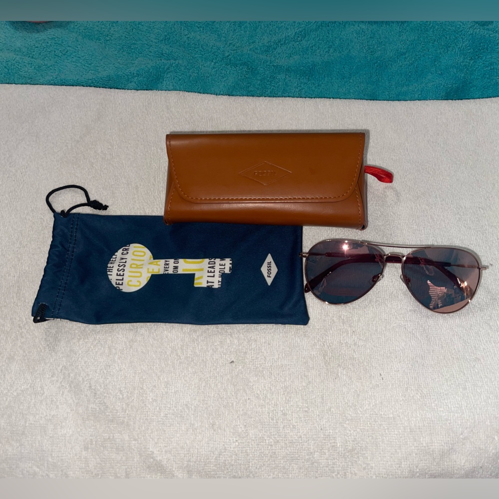 Fossil Sunglasses with Tan Case and Blue Pouch